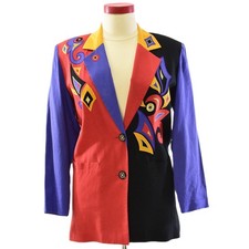 80s Vintage IB Diffusion Colorblock Blazer Womens M Boho Applique Linen Jacket