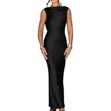 Black Cowl Back Maxi Dress Sleeveless Boat Neck Formal Evening Gown XL (1091)