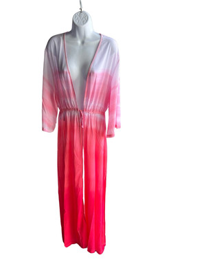 Jantzen Women's Jacket Sz L -Sleeve Woven Maxi Duster Cover-Up Pink Large