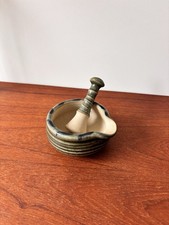 Studio Pottery Pestle and Mortar Set Bowl Marked CL Blue Green Excellent