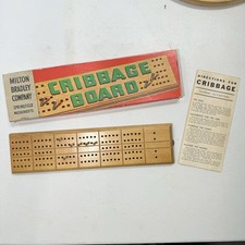 Vintage 1960s Milton Bradley Wooden Cribbage Board with 5 Metal Pegs 4626-A Box