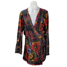 Farm Rio Black Multicolor Mixed Arabesque Scarves Long Sleeve Mini Wrap Dress M