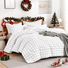 Full Size Comforter Sets, White Gingham Plaid Grid Checkered Bedding Comforte...