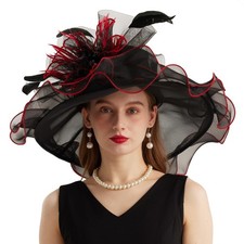 Women Organza Church Derby Hat Wide Brim Sun Caps for Wedding Tea Party Hat w...