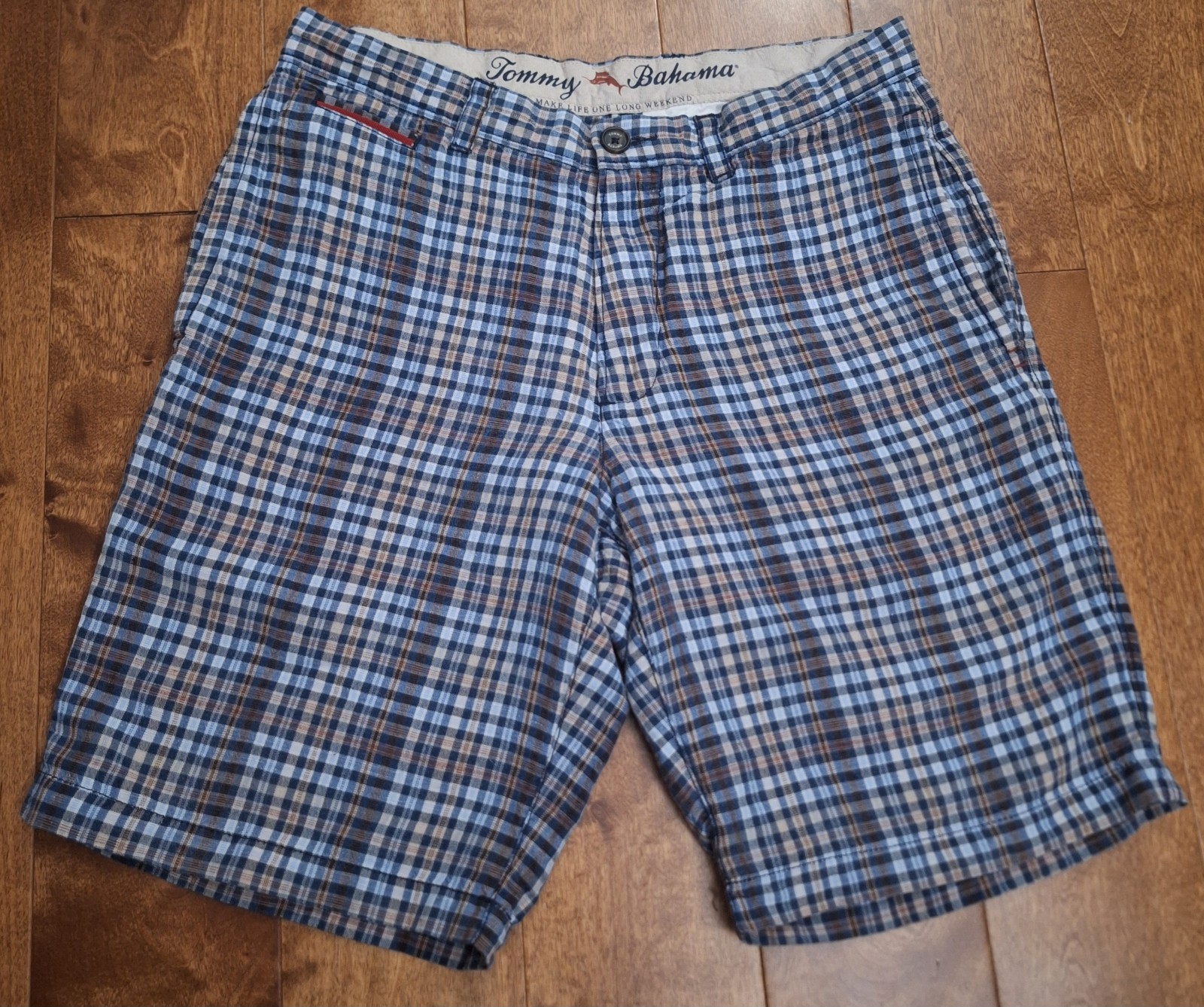 Tommy Bahama Men's Flat Front Chino Shorts Size 30 Plaid Linen Blend Pockets