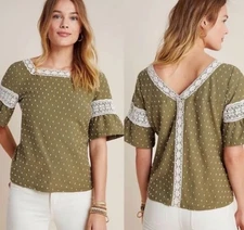 Anthropologie Maeve Venezia Green Swiss Dot Short Sleeve Tee Top Size Large