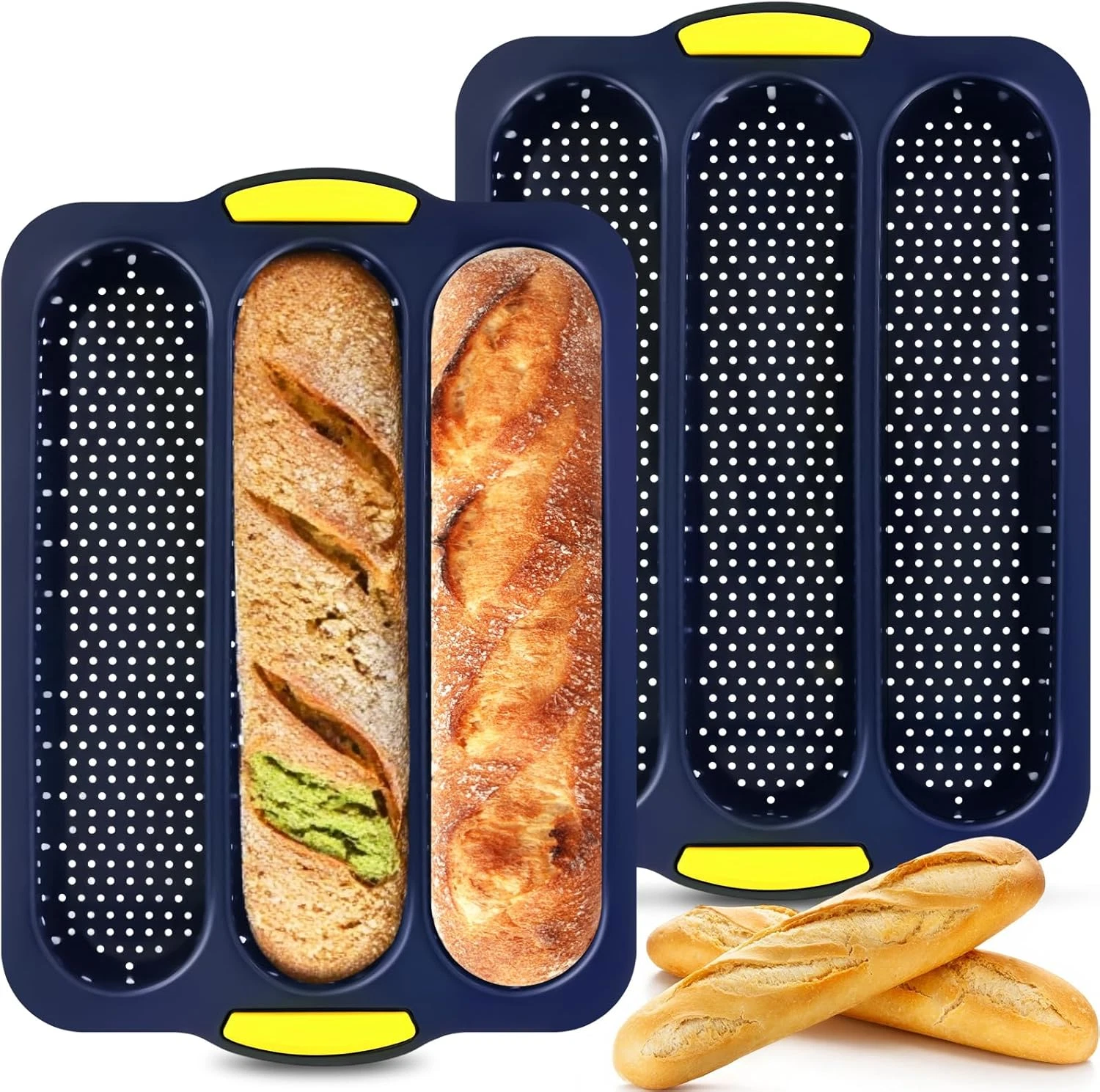 2 Pcs Silicone Baguette Bread Pan, Non-Stick Bread Loaf Pan Food Grade, 3-Cavity