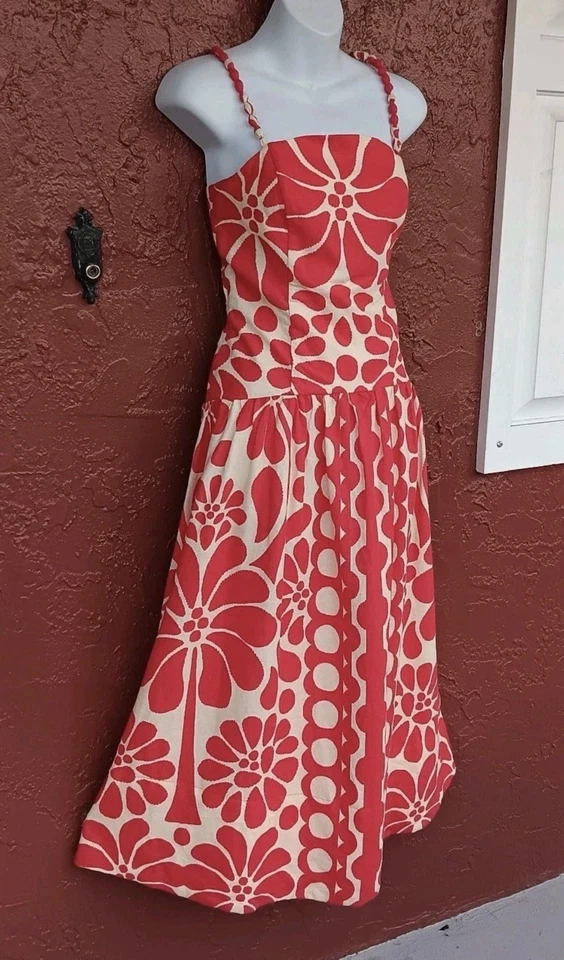 NWT Christian Lacroix Midi Farm Dress Rio Anthropologie  Linen Blend Size 4 Red - Image 4 of 4