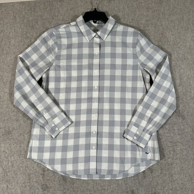 Vineyard Vines Shirt Ladies 10 Gray White Check Button Up Whale Logo Polyester
