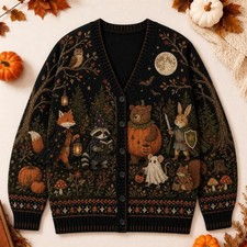 Cottagecore Halloween Cardigan, Woodland Animal Knit Sweater, Ghost Pumpkin