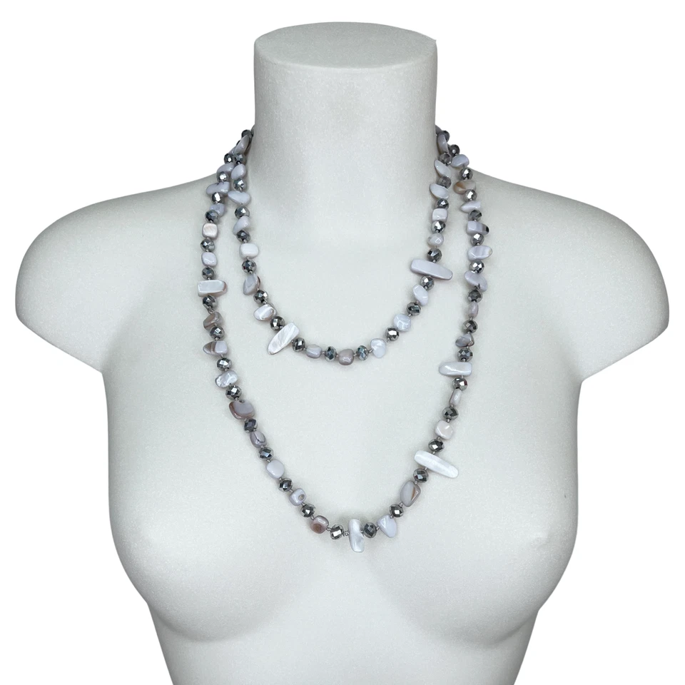 Argento Gri Collana Madreperla Cristallo Pietre Dure Filo Lungo Donna 110cm M/39 - Immagine 2 di 2