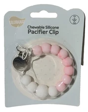 Ulubulu Chewable Silicone Pacifier Clip Pink White 0+ Months BPA Free Brand New