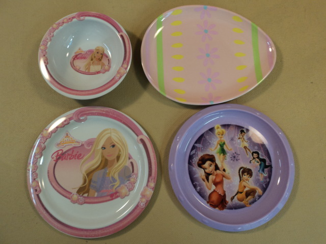 Trudeau Kid Plates Bowl Lot of Four Multicolor Barbie Tinkerbell Easter Plastic
