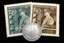 Rare Old WWII German War 1 Reichspfennig Coin & 2 Stamps World War 2 Artifacts
