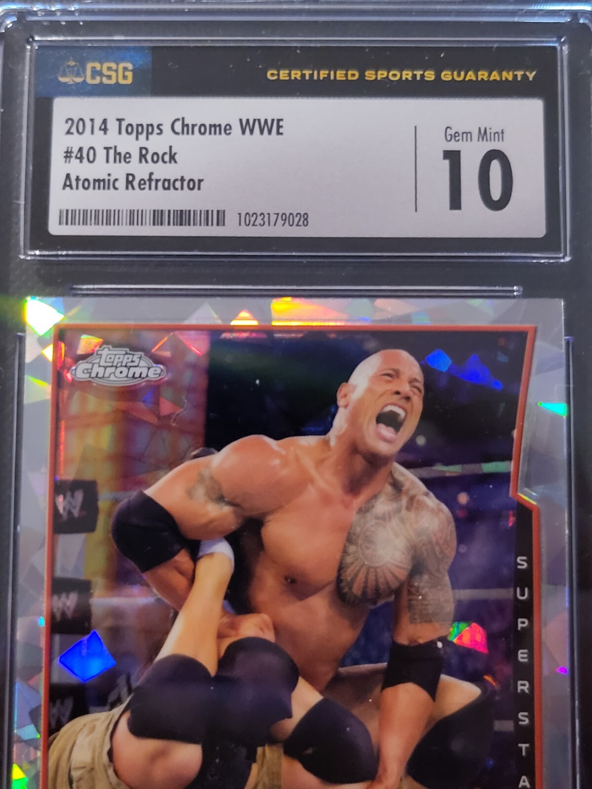 The Rock 2014 WWE Topps Chrome Atomic Refractor CSG Gem Mint 10 Wrestling Slab