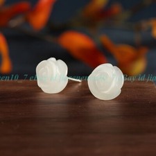 Hand Carved White Jade Rose Flower Shaped Healing Dainty Stud Earrings for Women
