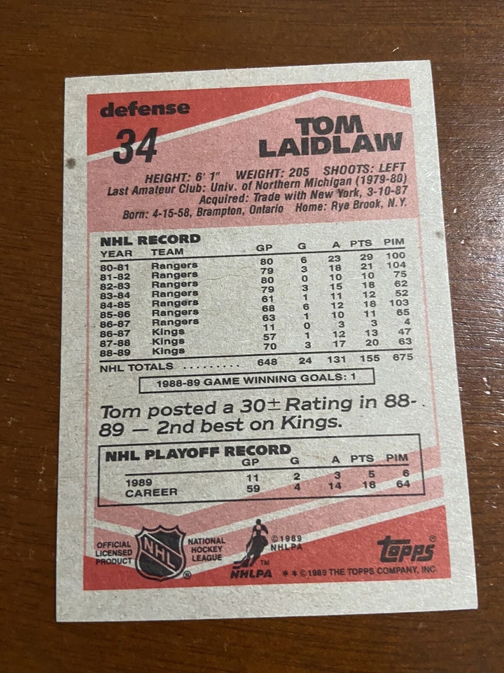 1989-90 Topps Tom Laidlaw Autographed Hockey Cards #34 Los Angeles Kings - Image 4 of 4