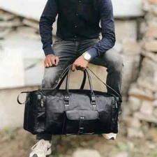 Genuine Leather Travel Gym Bag Duffle Luggage Weekend Overnight Men Large Black