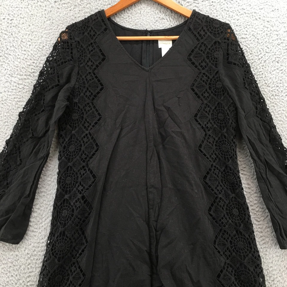 Vestido Chicos Shift Feminino 0.5 Preto Crochê Renda Lateral Decote V Manga Longa Algodão - Imagem 4 de 4
