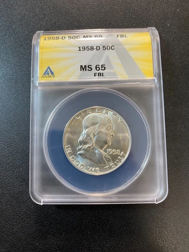 1958 D FRANKLIN HALF DOLLAR ANACS MS-65 FBL - UNCIRCULATED - CERTIFIED SLAB -50C