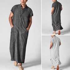 Fashion Mens Muslim Short Sleeve Striped Thobe Saudi Arab Islamic Jubba Kaftan