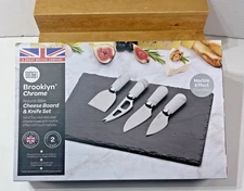 NEW Natural Slate Cheese Board & 4 Pc Marble Effect Knives w Soft Touch Handles