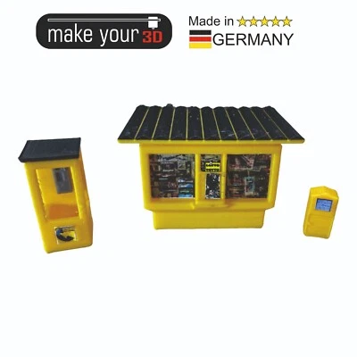 MAKEYOUR3D H0 1:87 SET Premium DDR Kiosk mit Telefonzelle und Briefkasten inkl. Decals