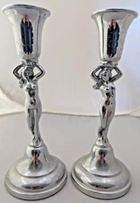 PAIR- Vtg Farber Bros Krome Kraft Lady Candlestick Holders woman lady metal NY