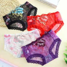 Womens Flower Embroidery Lace Panties Transparent Mesh Briefs Knicker Underwe 