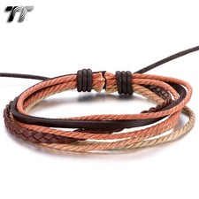 Quality TT Brown Leather Cotton Rope Bracelet Wristband (LB347) NEW Arrival