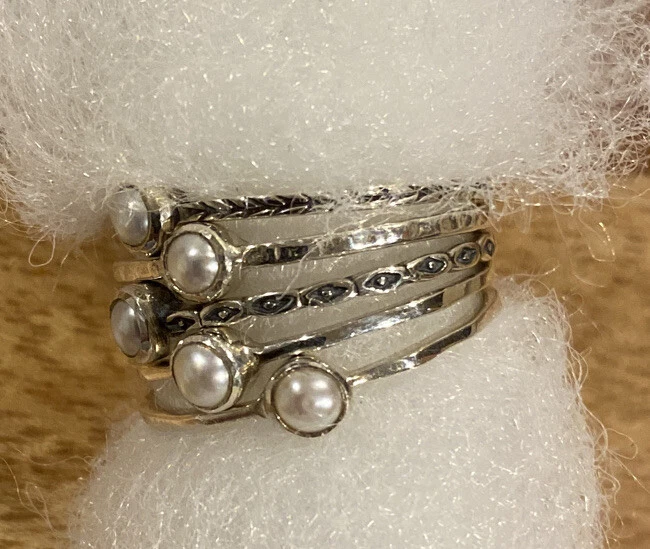 NWT Sundance Catalog Silver Pearl Ring Quintet Set Of 5 Stacking Rings Sz 4.5