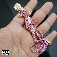 HIP HOP ICED CUBIC ZIRCONIA GOLD PLATED PINK PANTHER LARGE BLING CHARM PENDANT