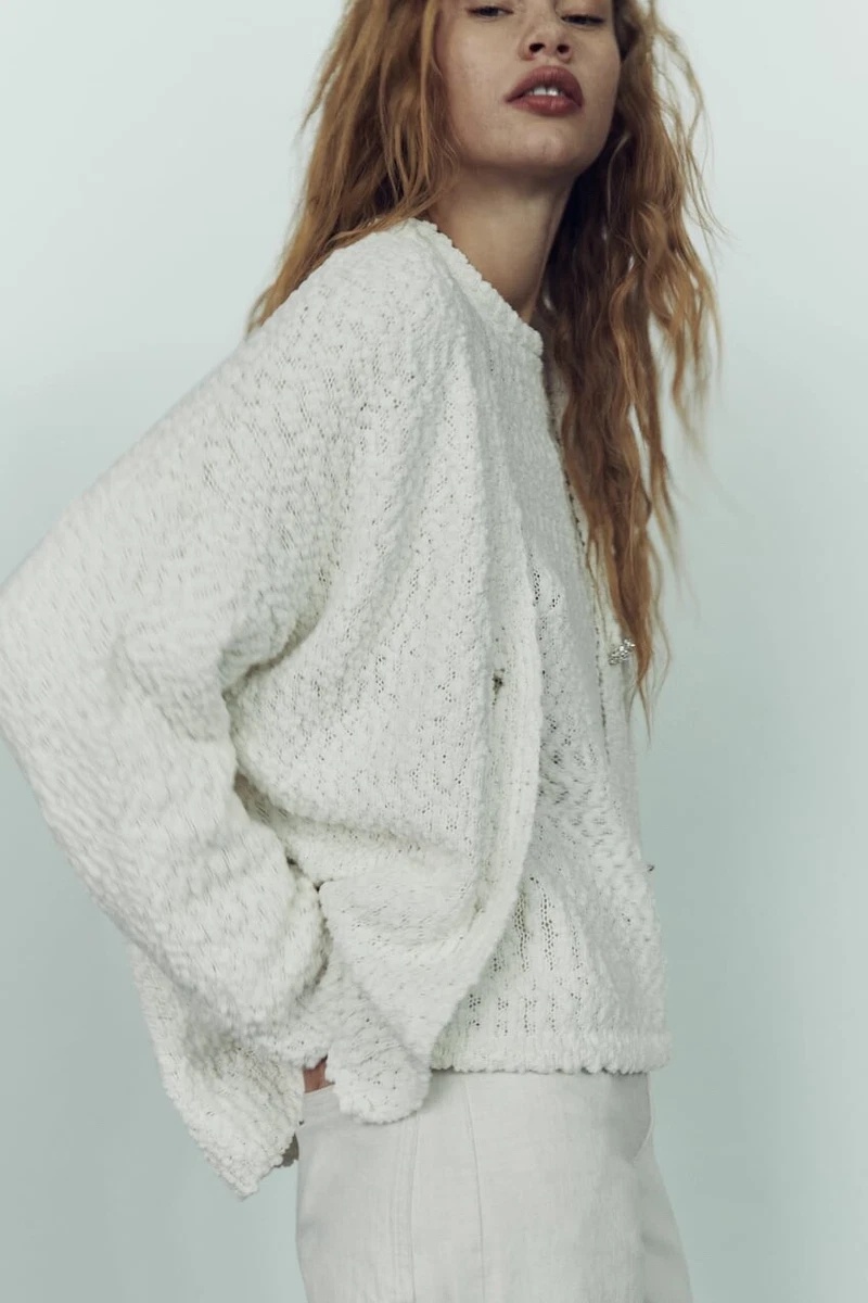 BNWT ZARA Ecru Oversized Cardigan with Rhinestone Buttons Size S
