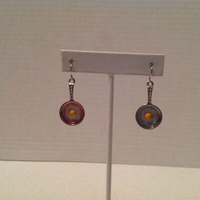 Silver Tone Egg Frying Pan Dangle Pierced Earrings 1 1/2''