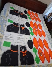 Cranston VIP Cut Sew Vintage Halloween Black Cat and Pumpkin Fabric 3 Panels