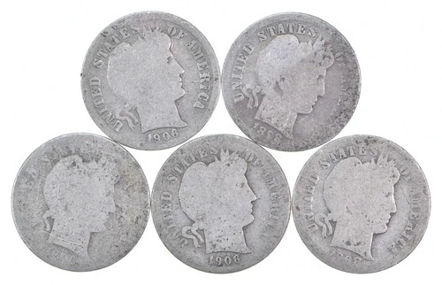 Better Lot 5 1906-S 1898 1906-S 1908-D WORNED DATE Barber Dime 0.50 Face *156
