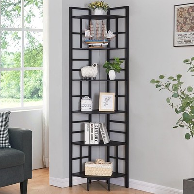 Corner Shelf 6 Tier Tall Narrow Bookshelf 76.9'' Industrial Corner Bookcase