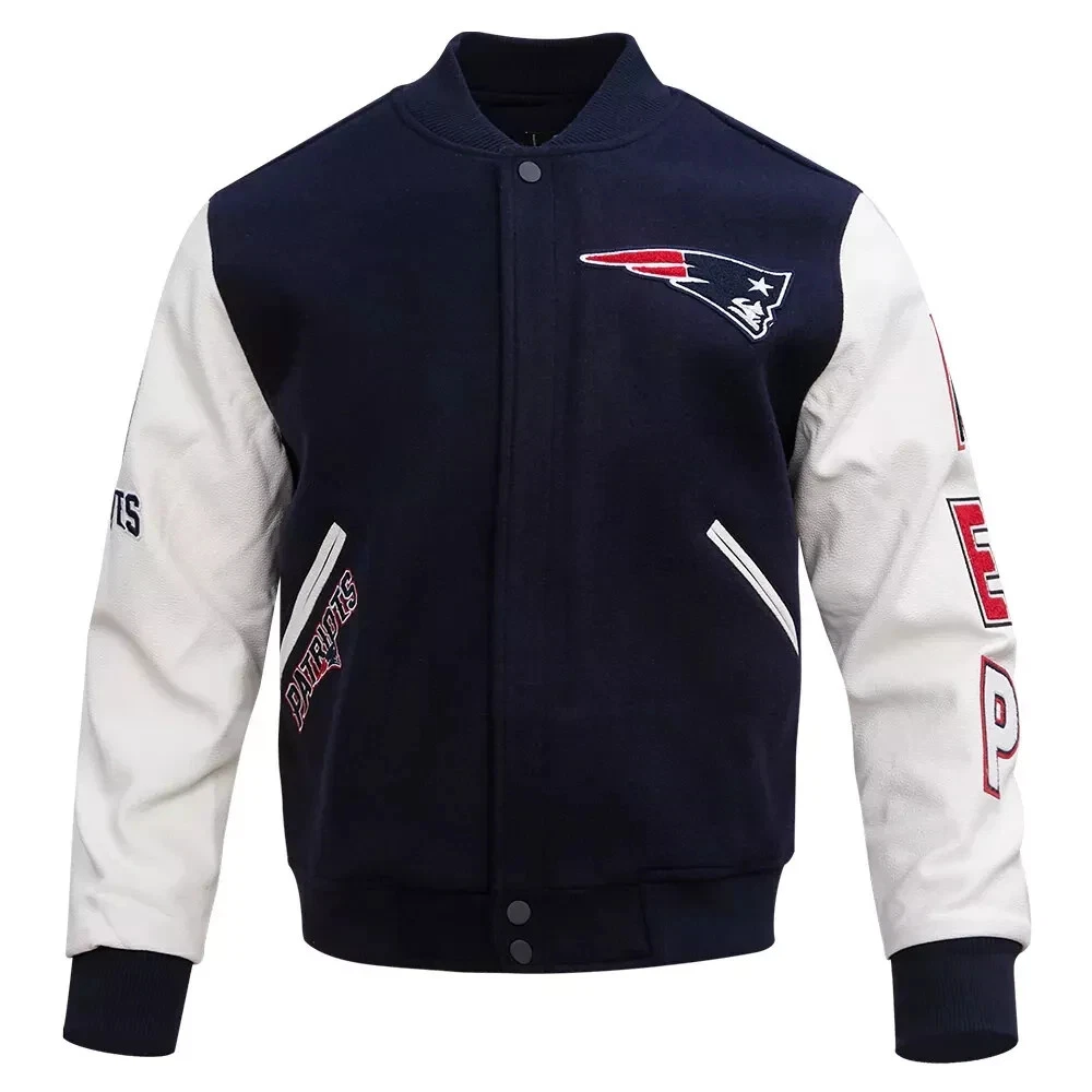 New England Patriots Varsity Jacket Blue/White Wool & Leather Bomber Style Coat