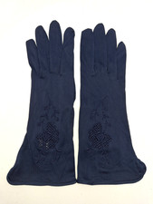 VTG Womens Gloves Sz 5.5-6 Embroidered Navy Blue Rayon Shur Fit USA Made Wrist