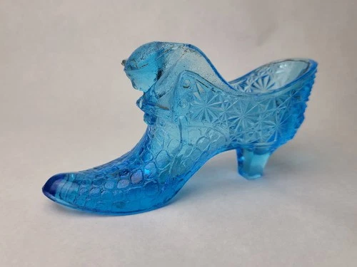 Fenton Art Turquoise Blue Daisy and Button Cat Slipper Shoe Glass Vintage