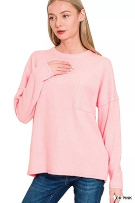 Trendsi Ribbed Hacci Sweater Women's Casual Top w/ Pocket Soft Knit