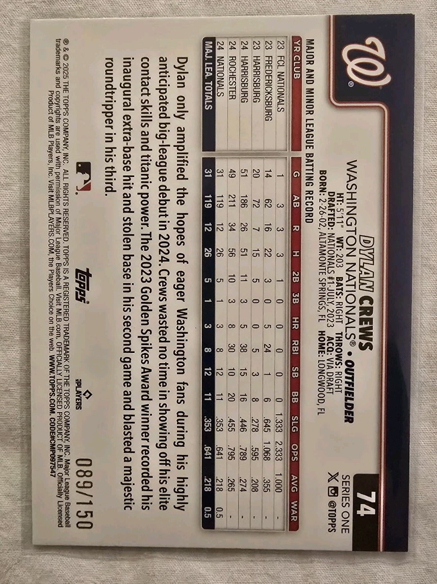 Dylan Crews 2025 Topps Series One RC Card #74 /150 Blue Refractor
