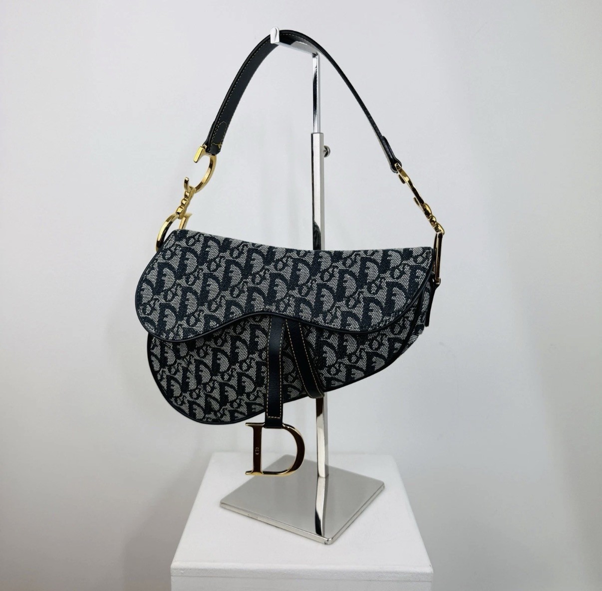 Dior RRP £3500 Saddle Strap Blue Oblique Jacquard Logo Canvas Shoulder Bag