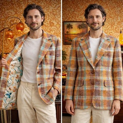 Vtg 70s Beau-Monde Plaid Blazer Jacket 40 Floral Lining Tailored Disco Hong Kong