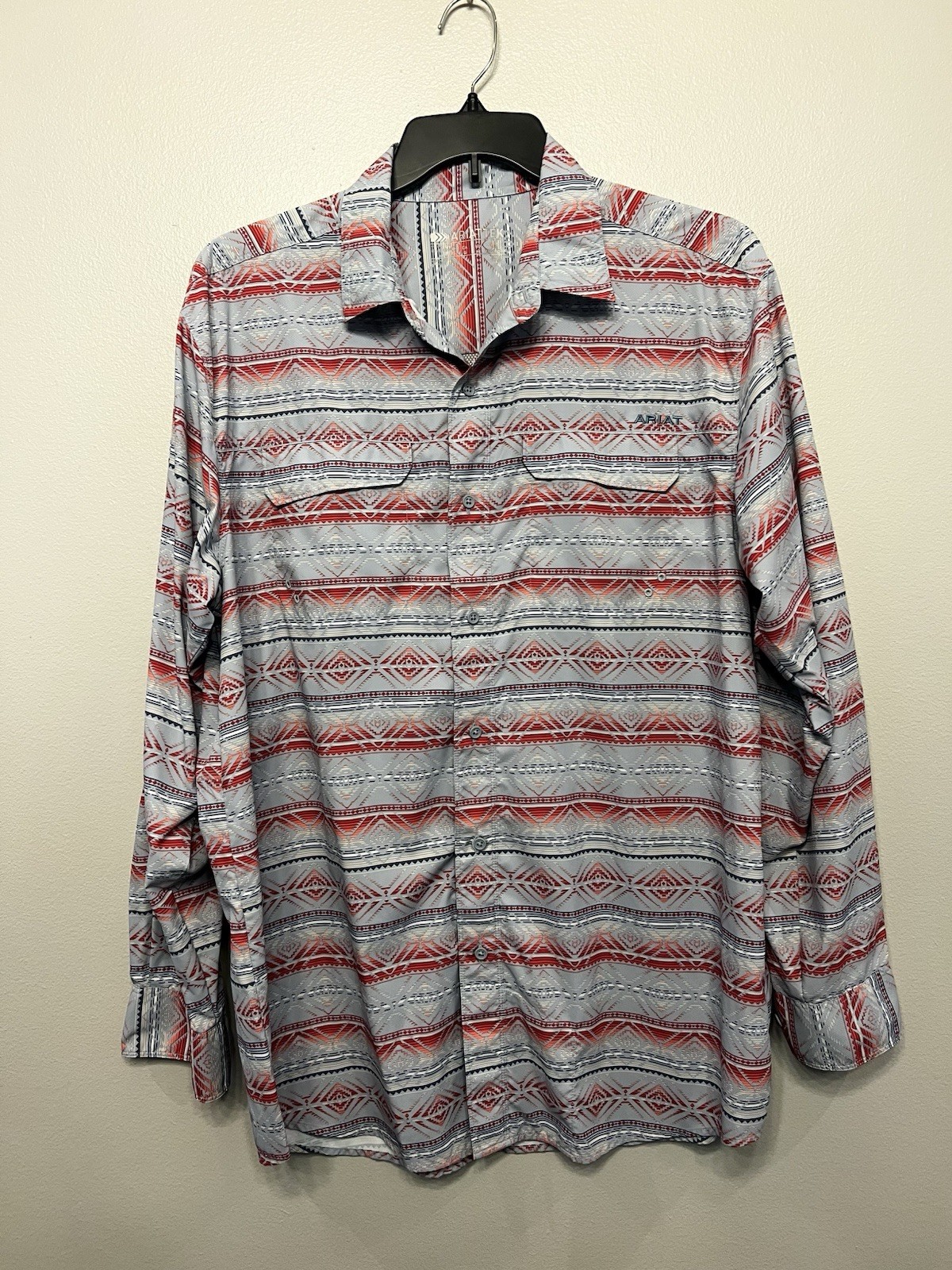 Ariat Men's VentTEK Performance Shirt Blue/Red, Southwestern, Button-Up Sz Large