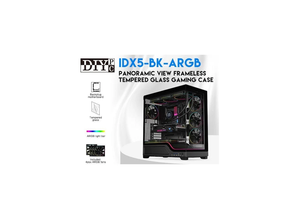 DIYPC IDX5-BK-ARGB Black Dual USB3.0/Type C Tempered Glass ATX Gaming Computer - Image 3 of 4