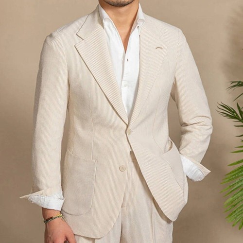 Men's Summer Seersucker Suits Regular Fit Notch Lapel Groom Formal Jacket Pant - Picture 16 of 17
