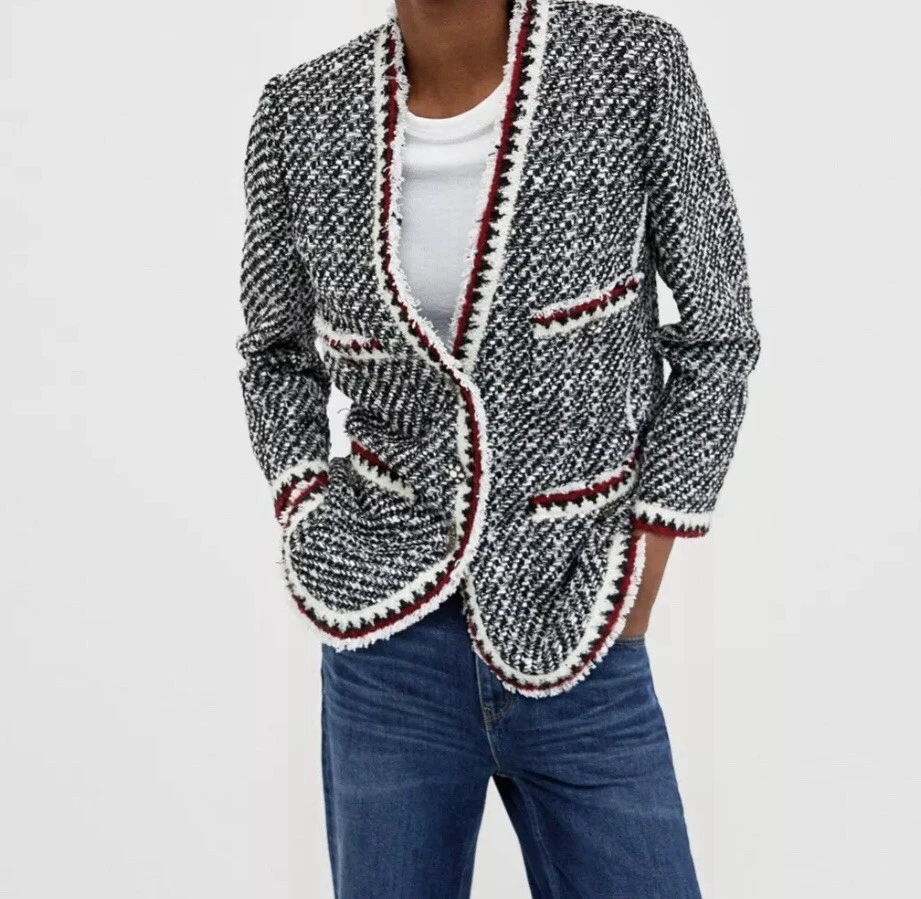 Chaqueta Blazer Abrigo Boucle ZARA Tweed Negro Blanco Rojo Talla M Foto 3 de 4