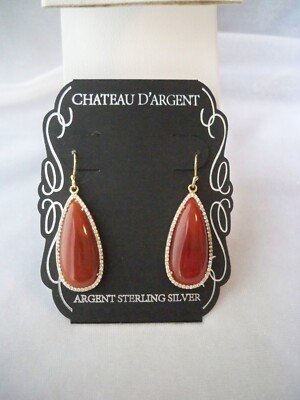 925 Sterling Chateau D'Argent Crystal Surround Carnelian Teardrop Earrings