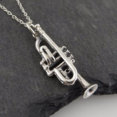 Trompetenkette - 925 Sterling Silber 3D Anhänger Musik Musikinstrument Horn
